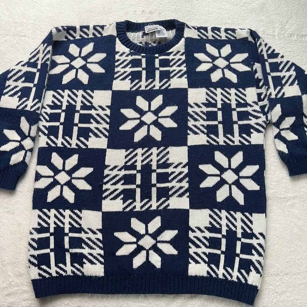 Cabin Creek Vintage blue & White Square Snowflake Long Sweater Size 1X Acrylic